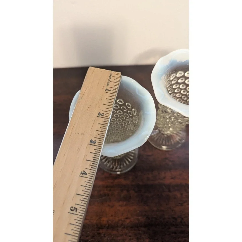 4pc Vintage Fenton Style Hobnail Glass Opalescent White Vases Candle Holders